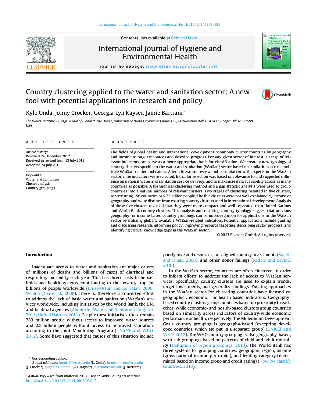 Country clustering applied to the water and sanitation sector: A new tool with potential applications in research and policy