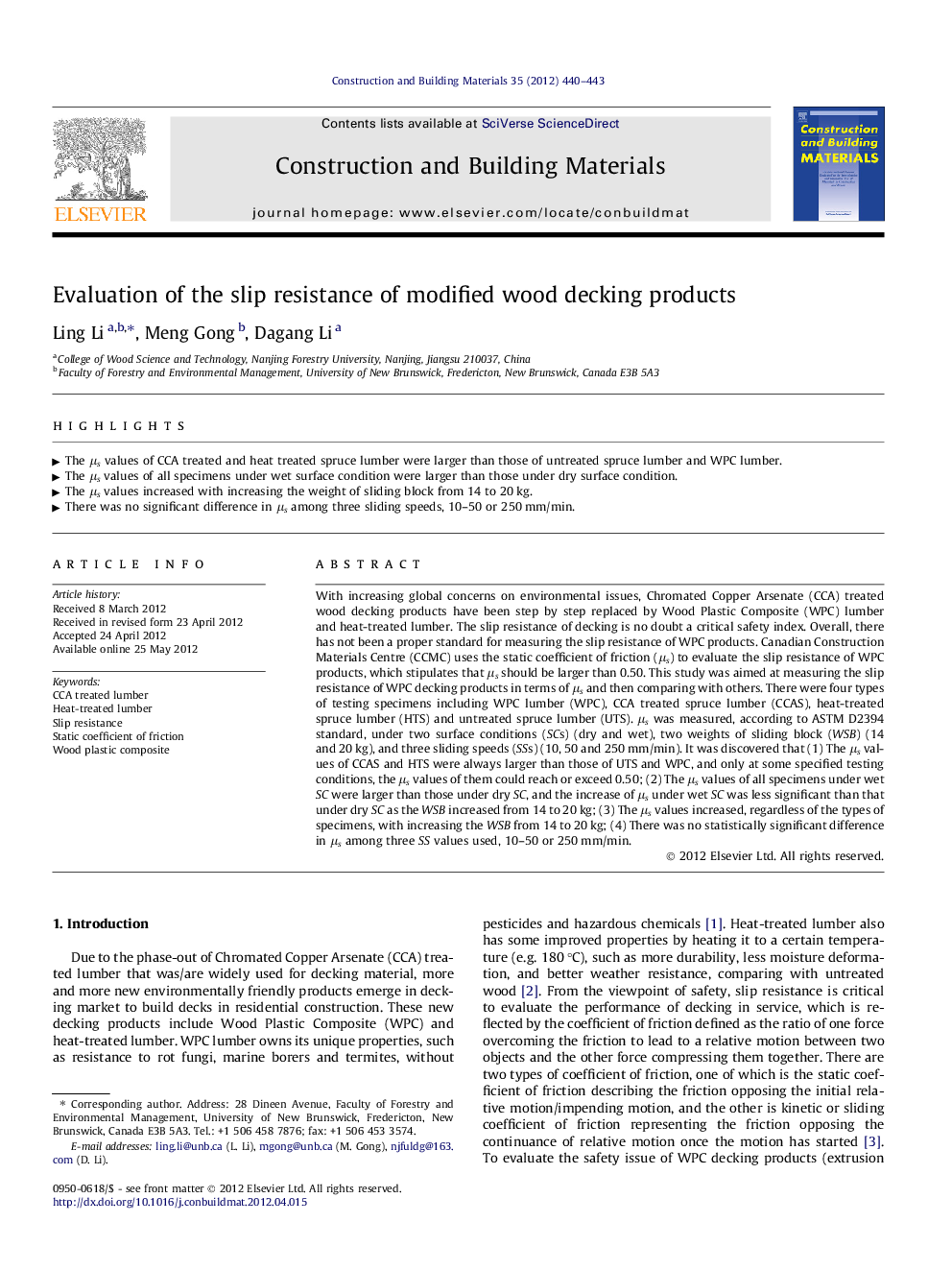 Evaluation of the slip resistance of modified wood decking products