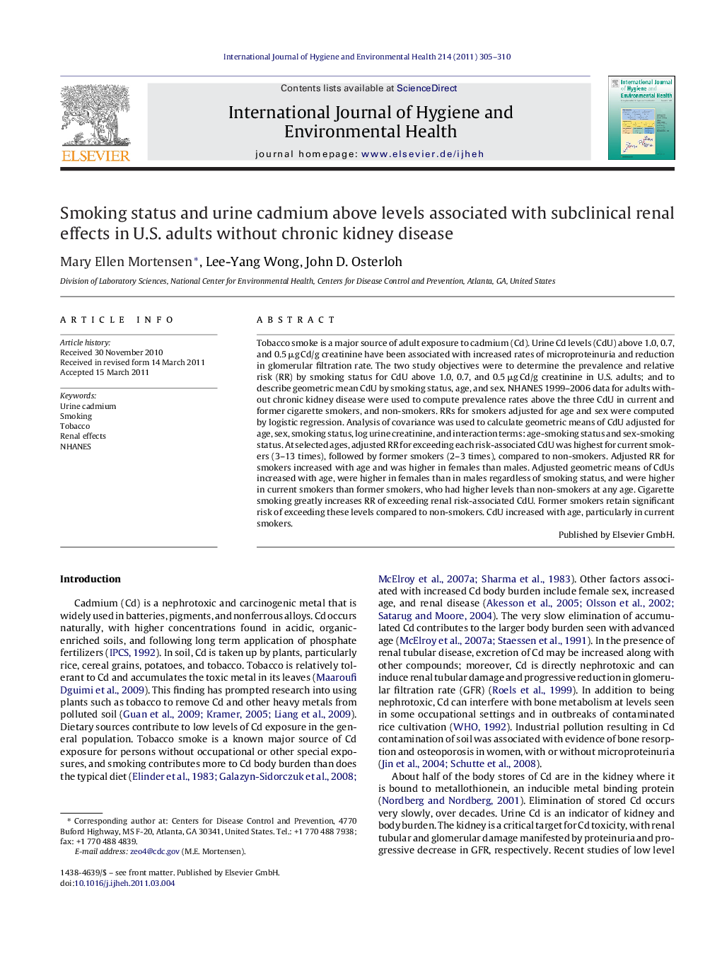 Smoking status and urine cadmium above levels associated with subclinical renal effects in U.S. adults without chronic kidney disease