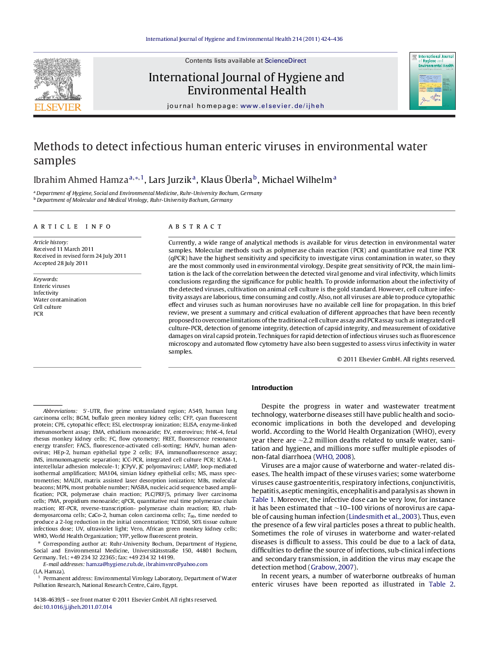 Methods to detect infectious human enteric viruses in environmental water samples