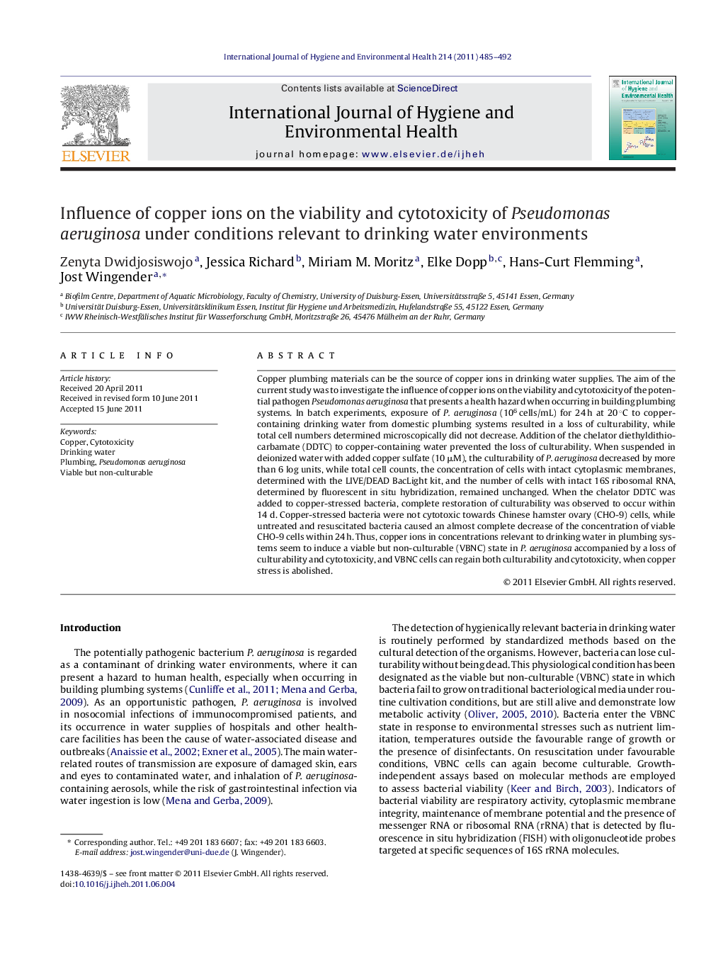 Influence of copper ions on the viability and cytotoxicity of Pseudomonas aeruginosa under conditions relevant to drinking water environments