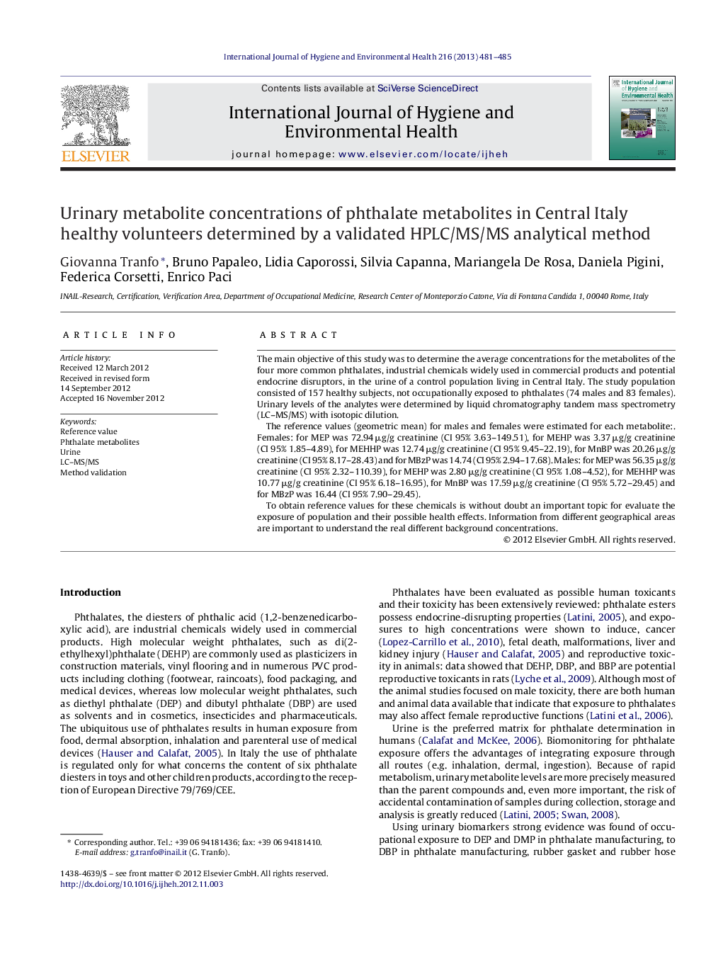 Urinary metabolite concentrations of phthalate metabolites in Central Italy healthy volunteers determined by a validated HPLC/MS/MS analytical method