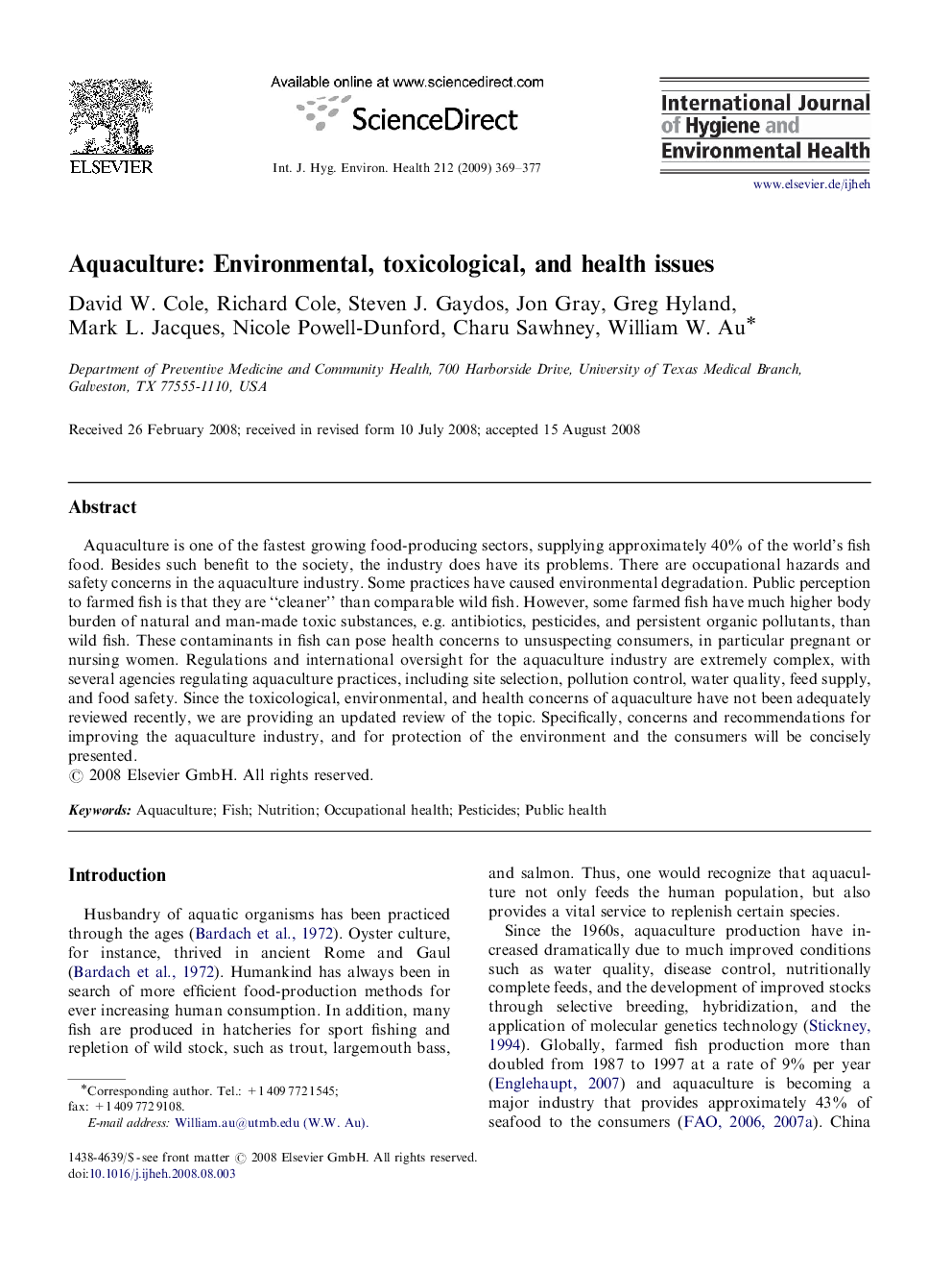 Aquaculture: Environmental, toxicological, and health issues