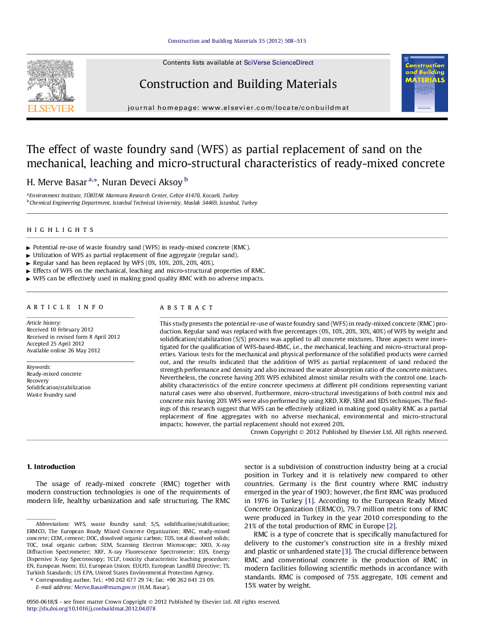 The effect of waste foundry sand (WFS) as partial replacement of sand on the mechanical, leaching and micro-structural characteristics of ready-mixed concrete