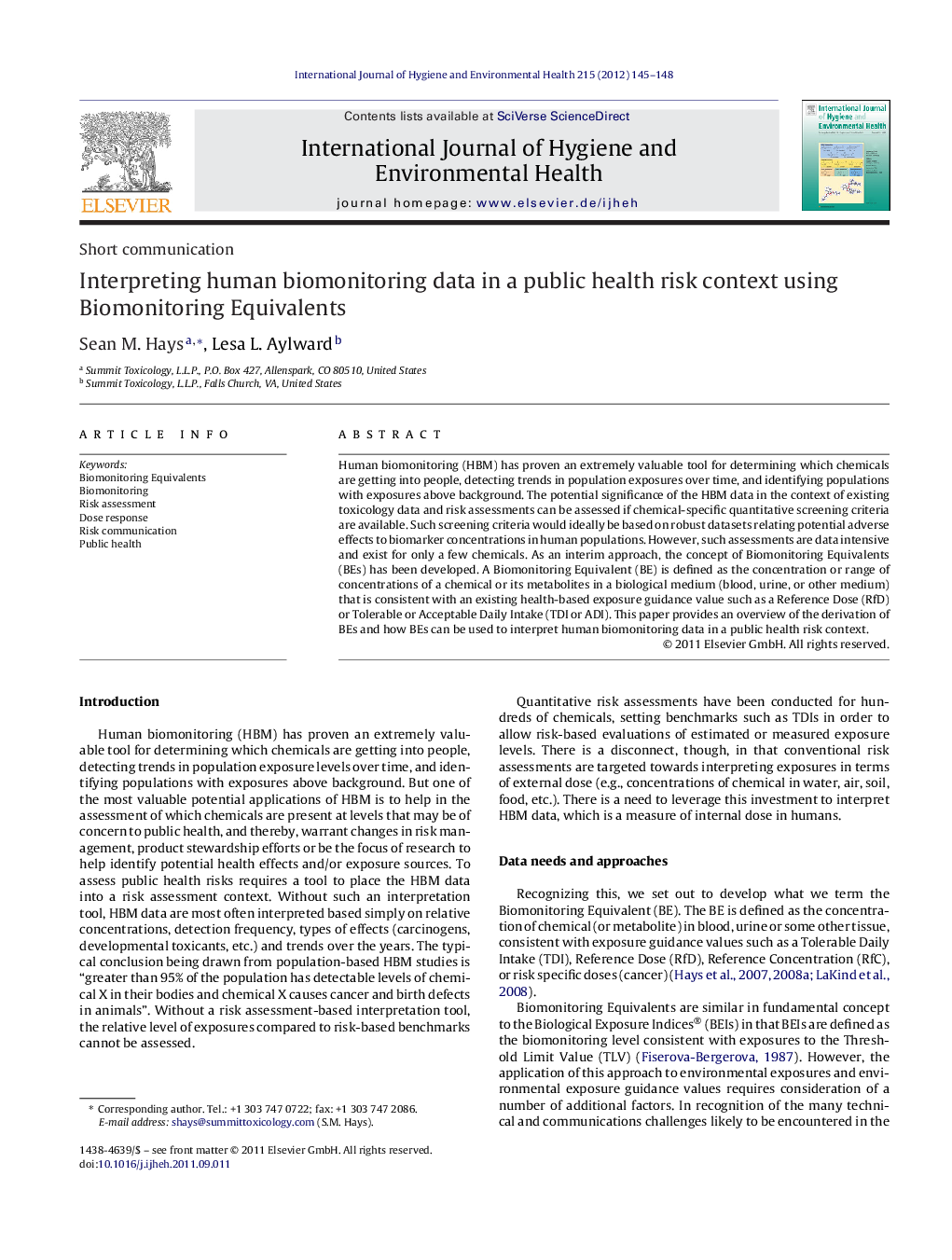 Interpreting human biomonitoring data in a public health risk context using Biomonitoring Equivalents