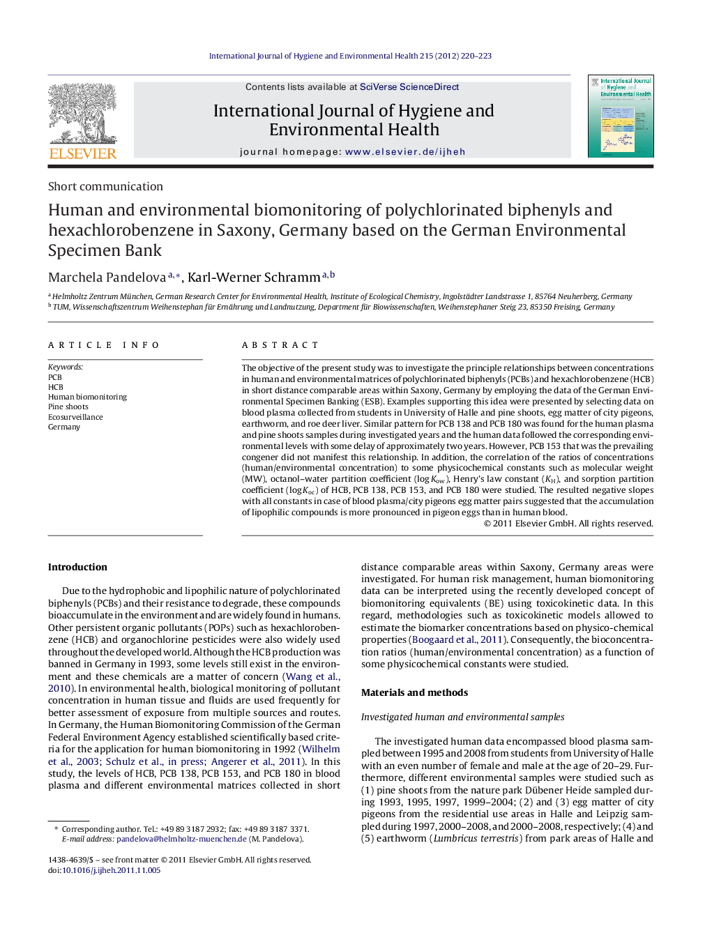 Human and environmental biomonitoring of polychlorinated biphenyls and hexachlorobenzene in Saxony, Germany based on the German Environmental Specimen Bank