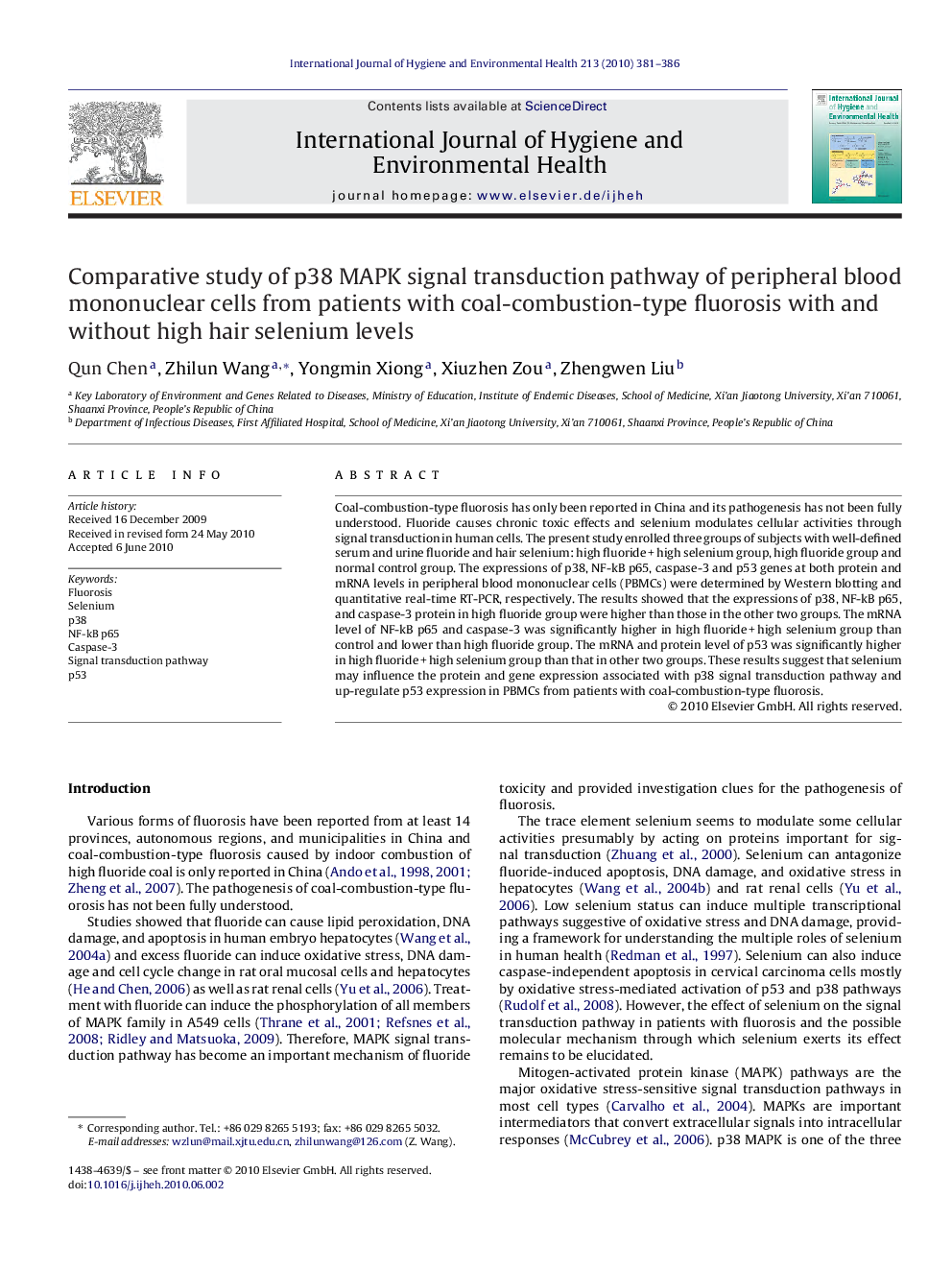 Comparative study of p38 MAPK signal transduction pathway of peripheral blood mononuclear cells from patients with coal-combustion-type fluorosis with and without high hair selenium levels