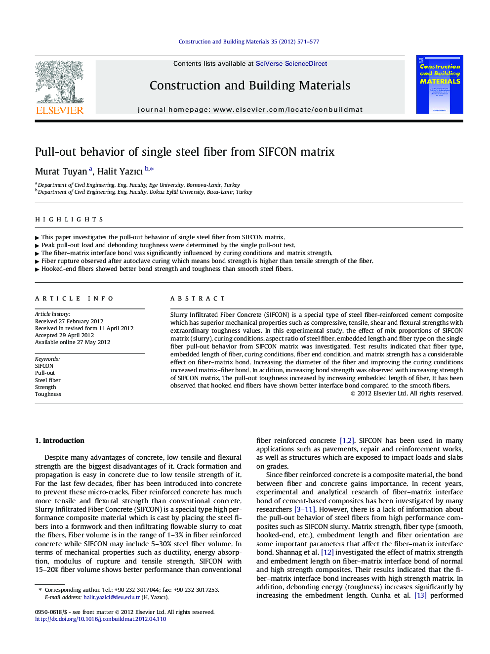 Pull-out behavior of single steel fiber from SIFCON matrix