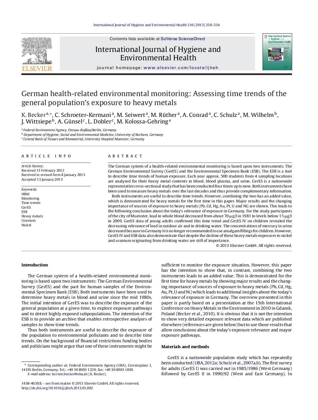 German health-related environmental monitoring: Assessing time trends of the general population's exposure to heavy metals