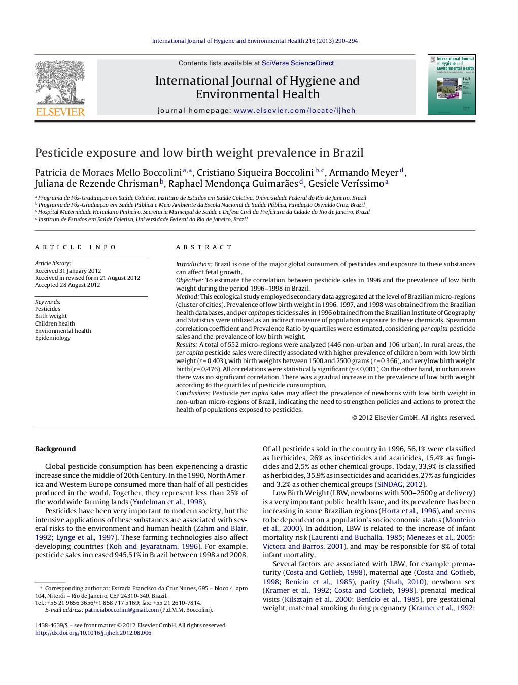 Pesticide exposure and low birth weight prevalence in Brazil