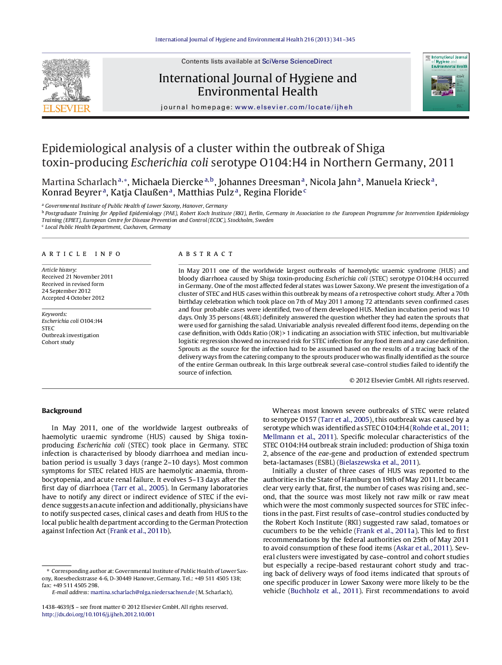 عکس صفحه اول مقاله: Epidemiological analysis of a cluster within the outbreak of Shiga toxin-producing Escherichia coli serotype O104:H4 in Northern Germany, 2011 Epidemiological analysis of a cluster within the outbreak of Shiga toxin-producing Escherichia coli serotype O104:H4 in Northern Germany, 2011