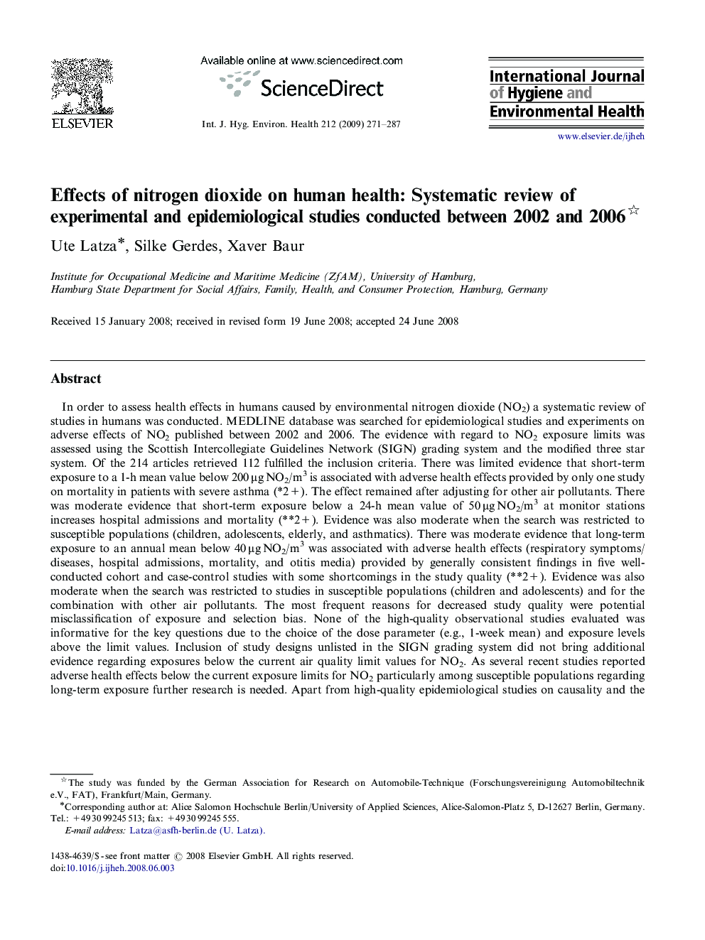 Effects of nitrogen dioxide on human health: Systematic review of experimental and epidemiological studies conducted between 2002 and 2006 