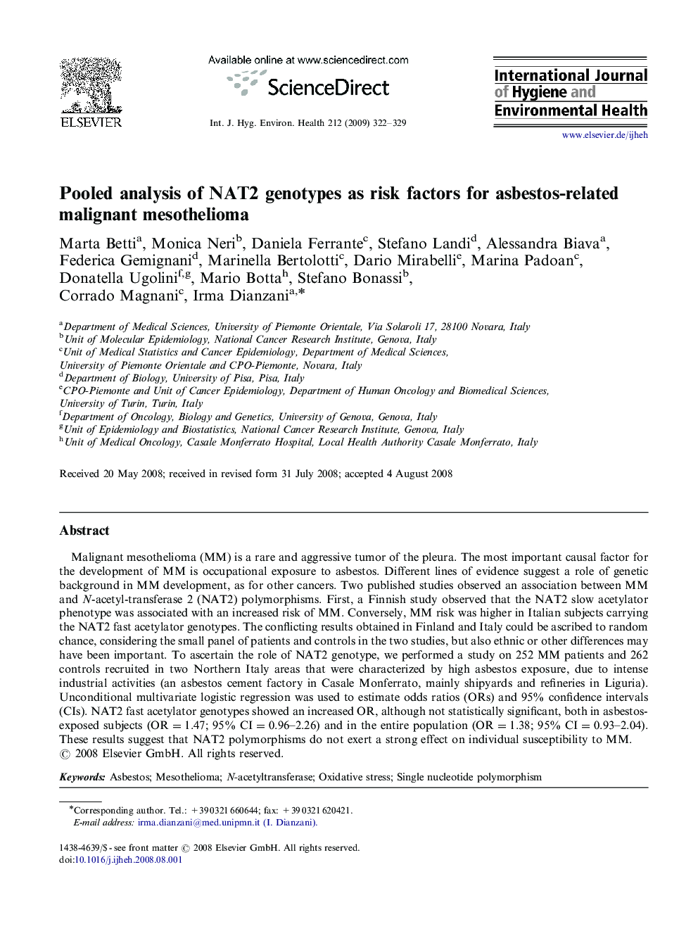 Pooled analysis of NAT2 genotypes as risk factors for asbestos-related malignant mesothelioma