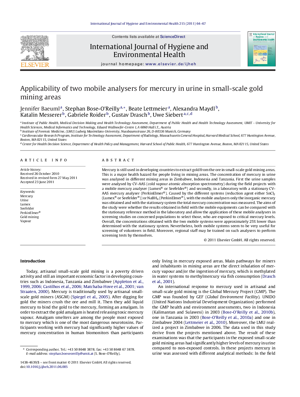 Applicability of two mobile analysers for mercury in urine in small-scale gold mining areas