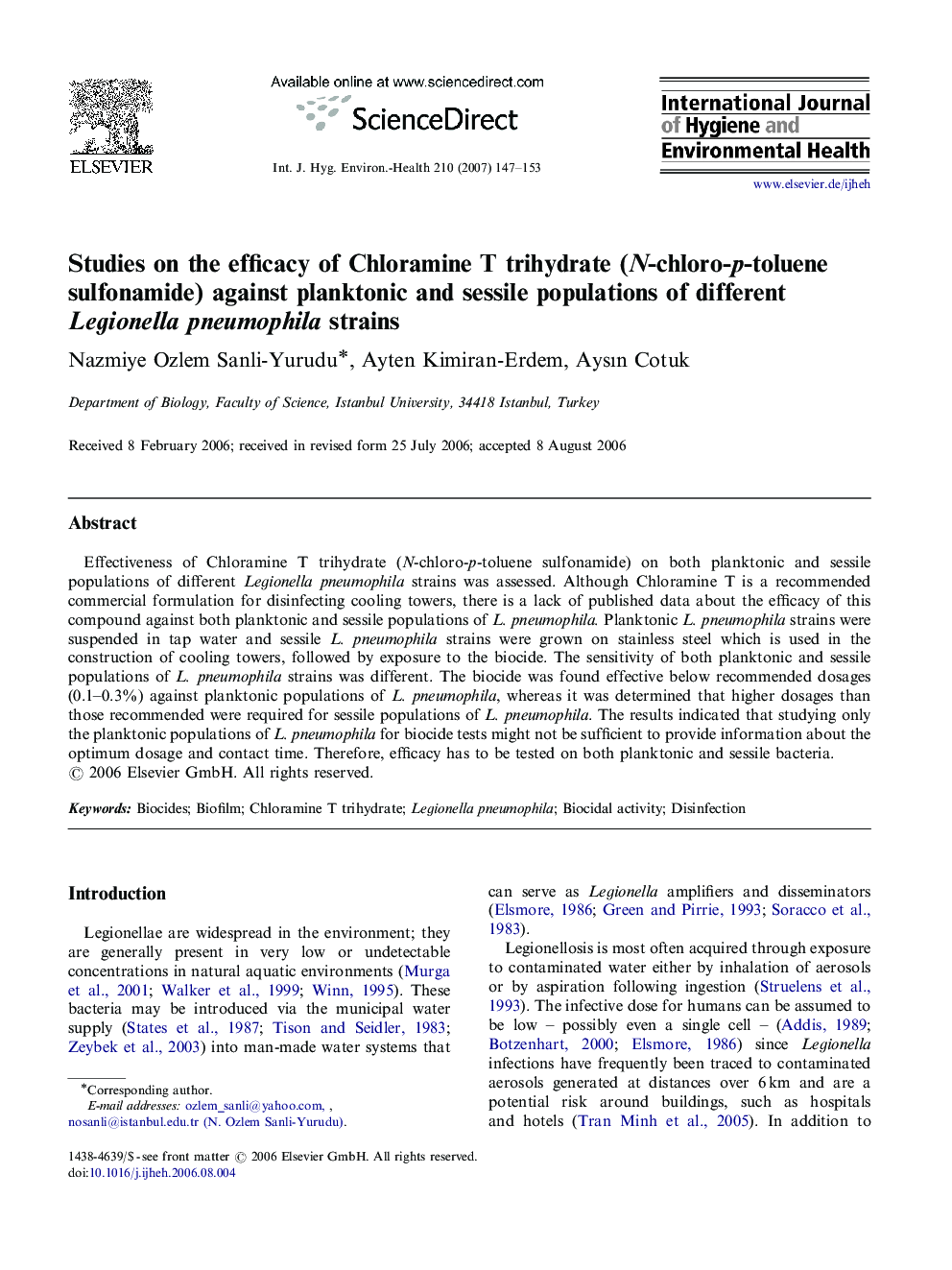 Studies on the efficacy of Chloramine T trihydrate (N-chloro-p-toluene sulfonamide) against planktonic and sessile populations of different Legionella pneumophila strains