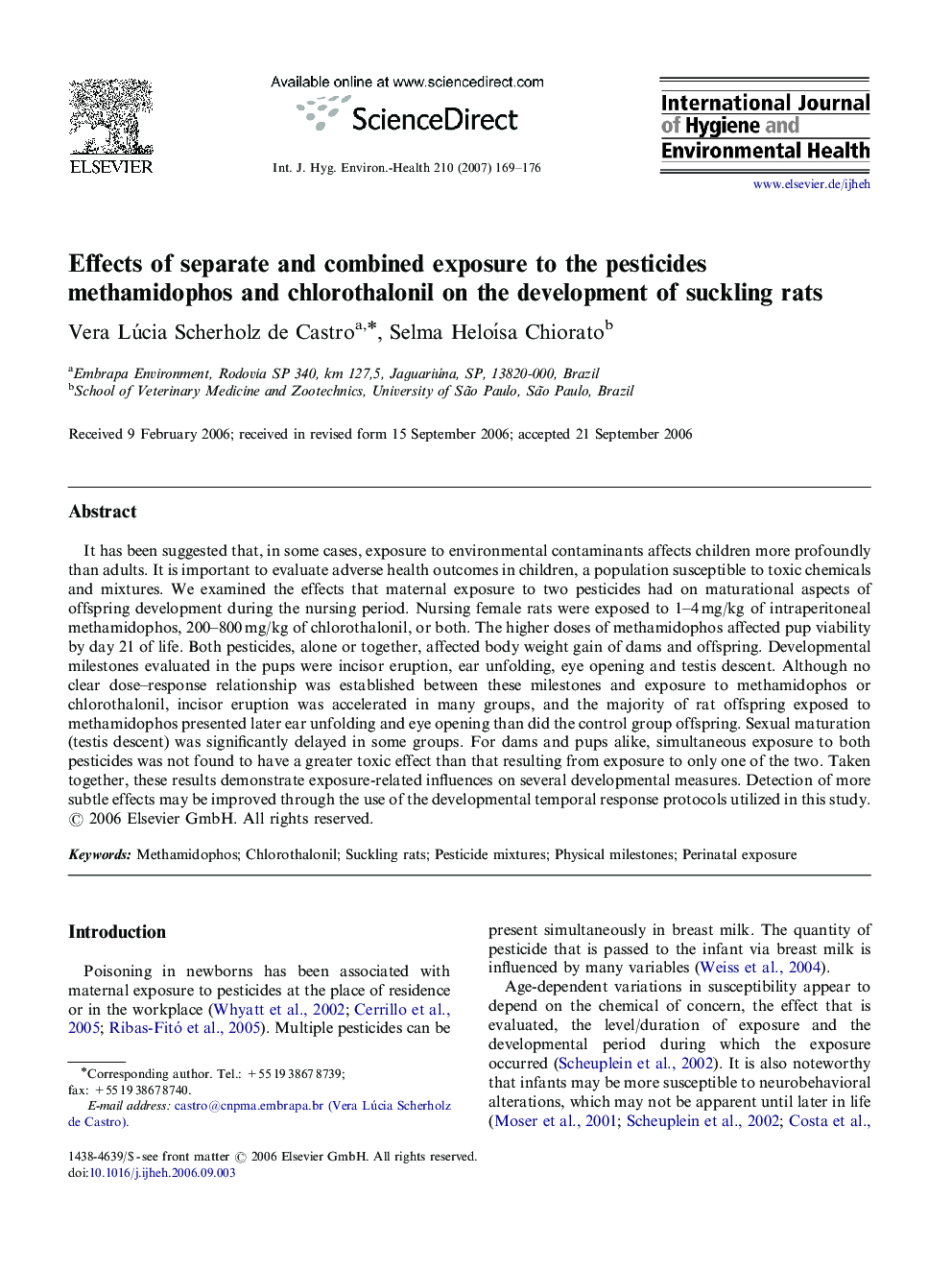 Effects of separate and combined exposure to the pesticides methamidophos and chlorothalonil on the development of suckling rats