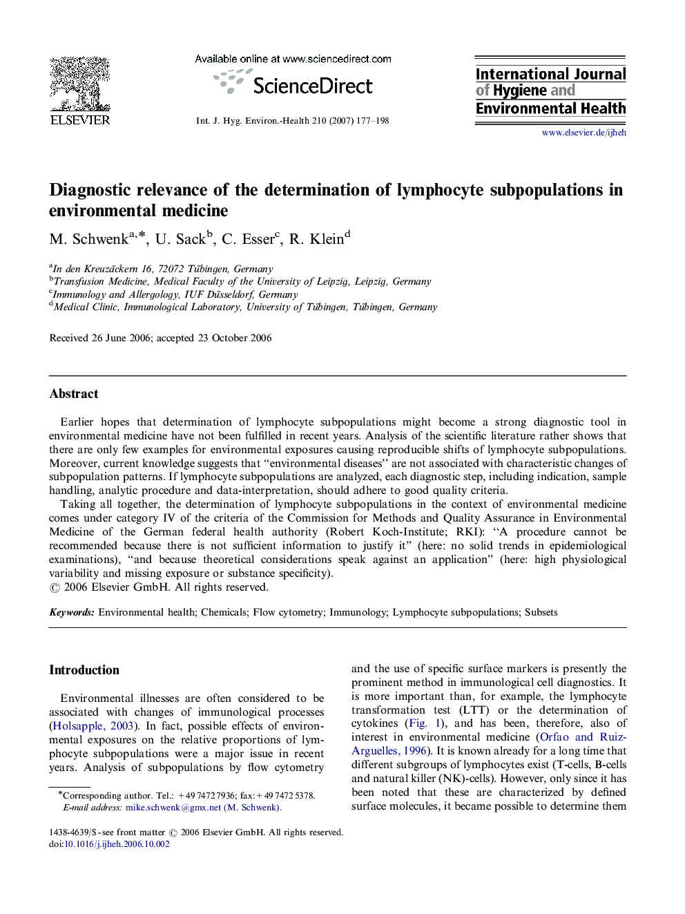 Diagnostic relevance of the determination of lymphocyte subpopulations in environmental medicine