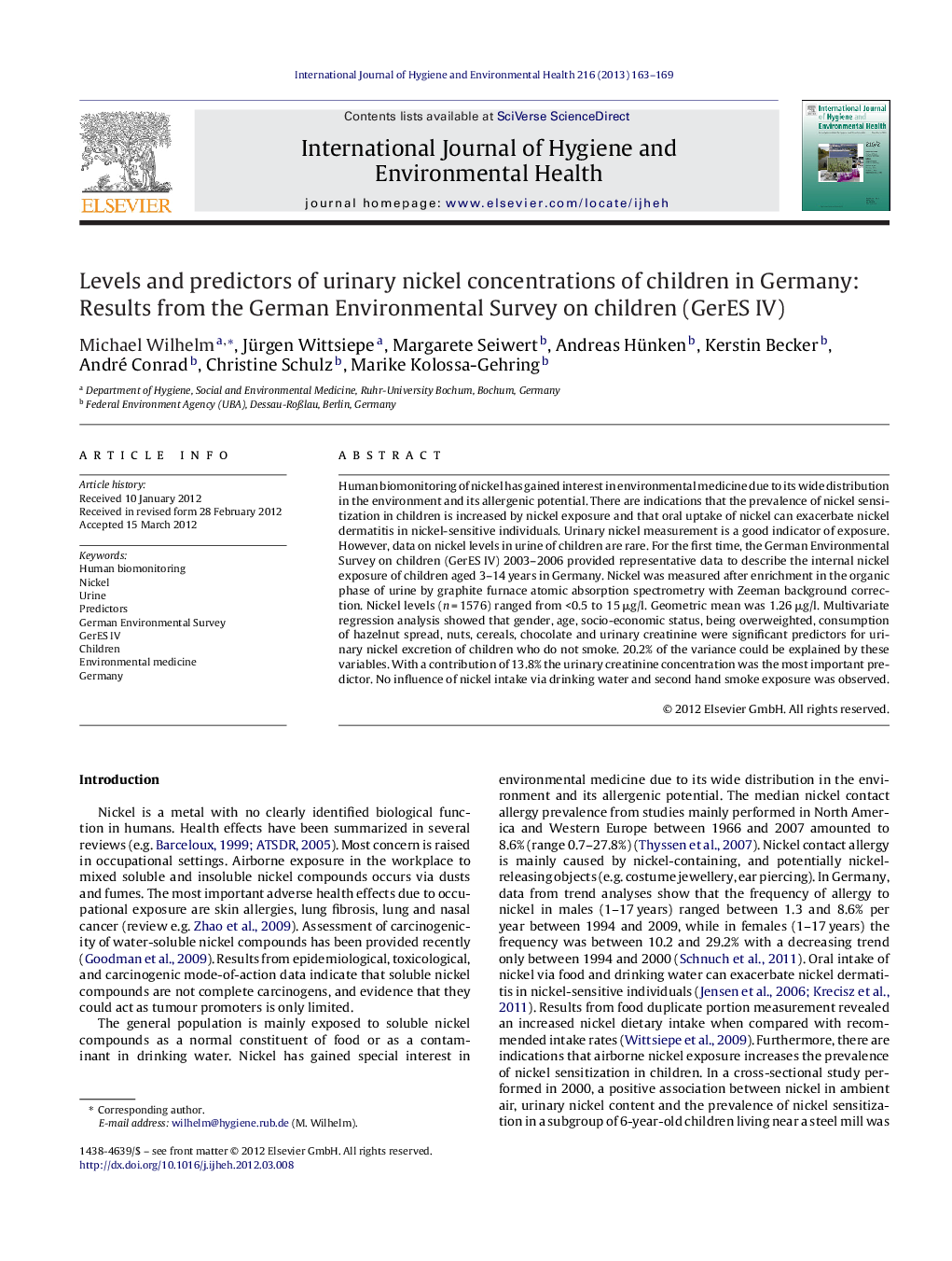 Levels and predictors of urinary nickel concentrations of children in Germany: Results from the German Environmental Survey on children (GerES IV)