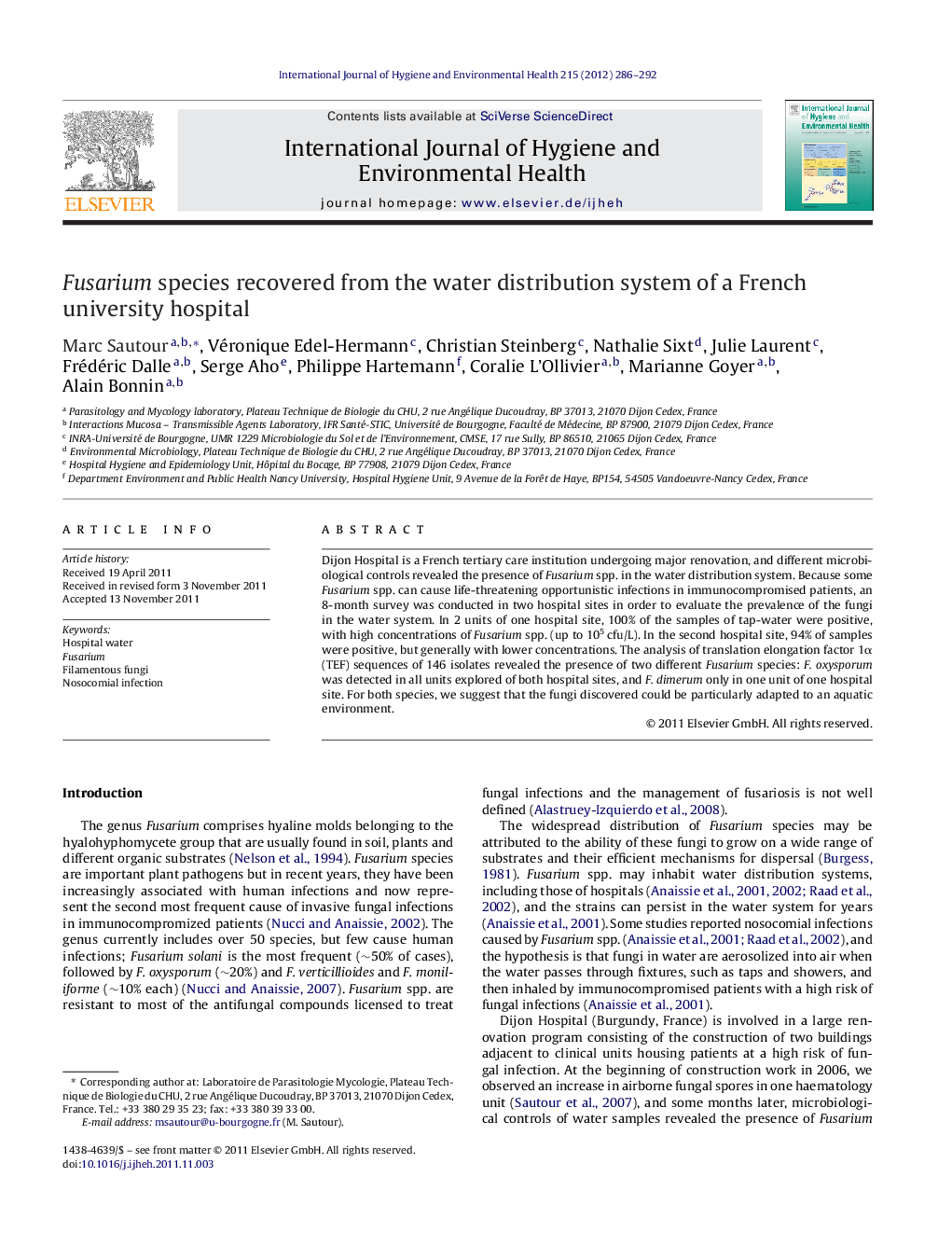 Fusarium species recovered from the water distribution system of a French university hospital