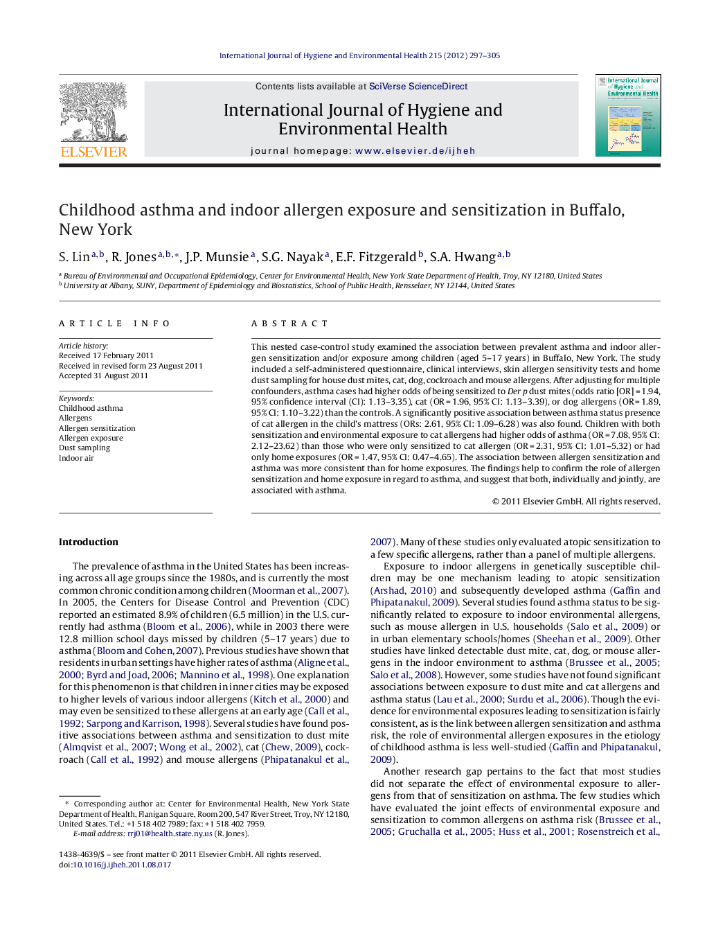 Childhood asthma and indoor allergen exposure and sensitization in Buffalo, New York