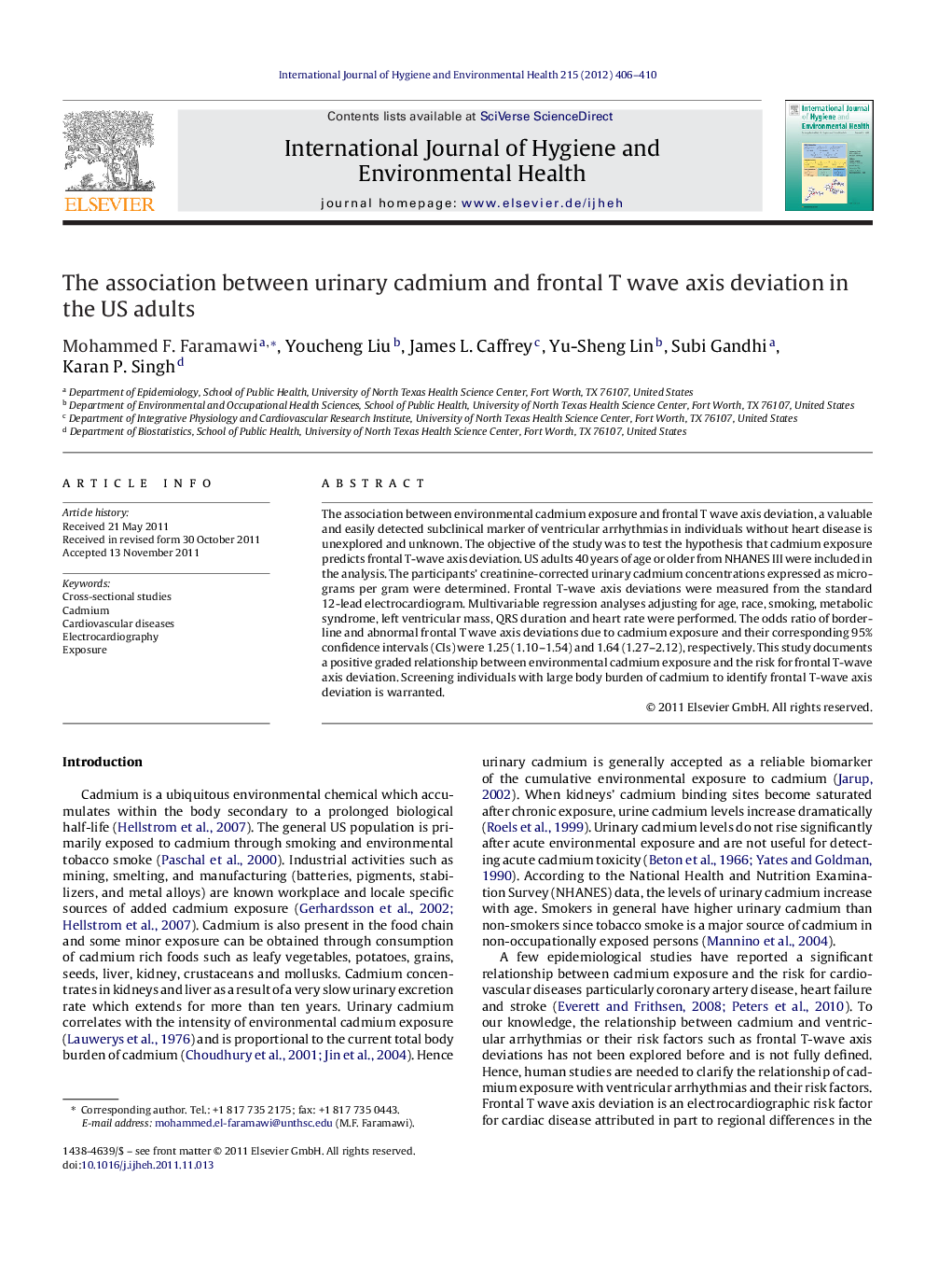 The association between urinary cadmium and frontal T wave axis deviation in the US adults