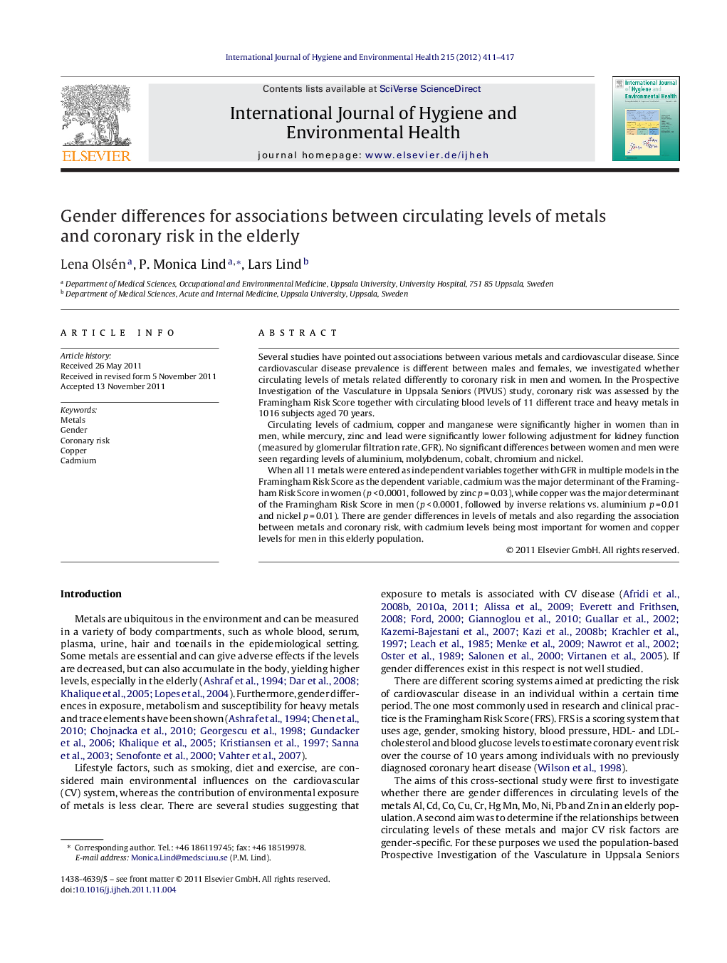 Gender differences for associations between circulating levels of metals and coronary risk in the elderly