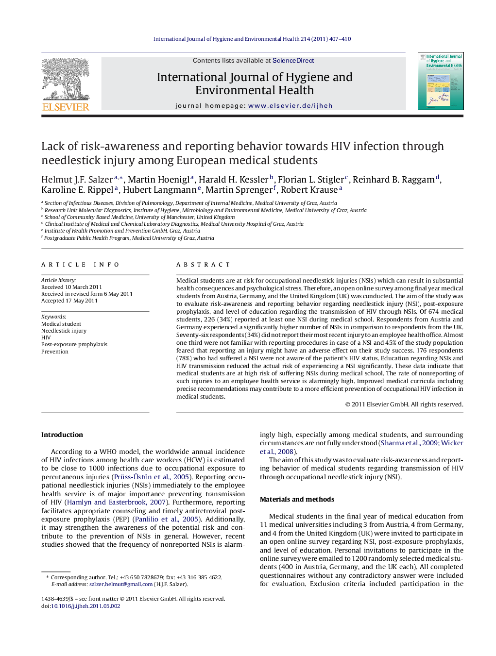 Lack of risk-awareness and reporting behavior towards HIV infection through needlestick injury among European medical students