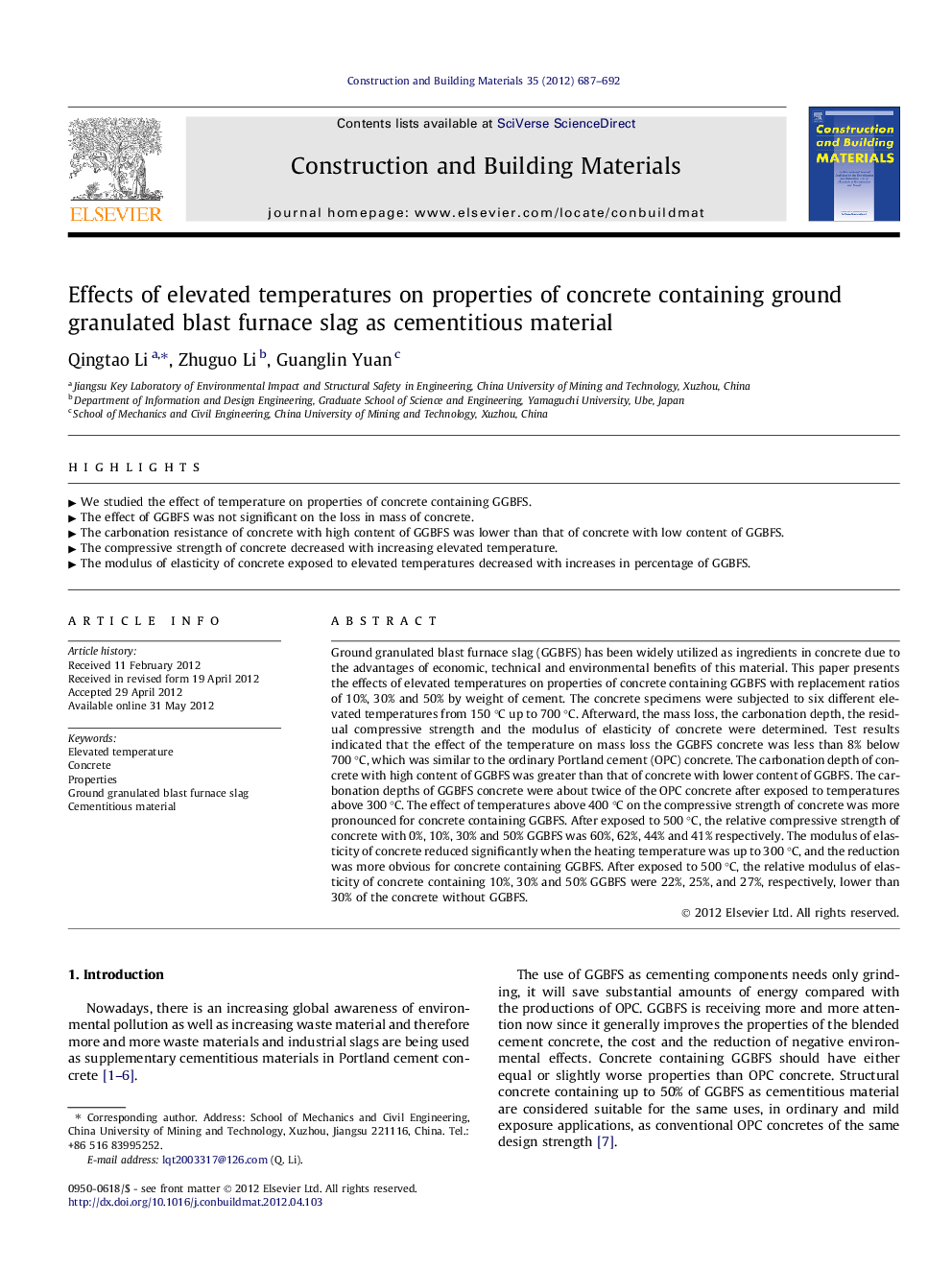 Effects of elevated temperatures on properties of concrete containing ground granulated blast furnace slag as cementitious material