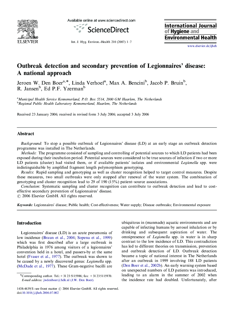 Outbreak detection and secondary prevention of Legionnaires’ disease: A national approach