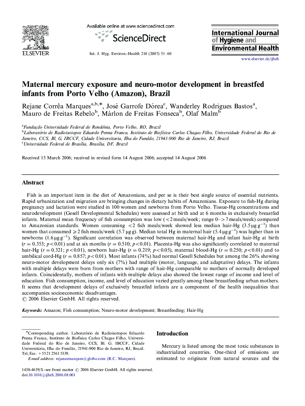 Maternal mercury exposure and neuro-motor development in breastfed infants from Porto Velho (Amazon), Brazil