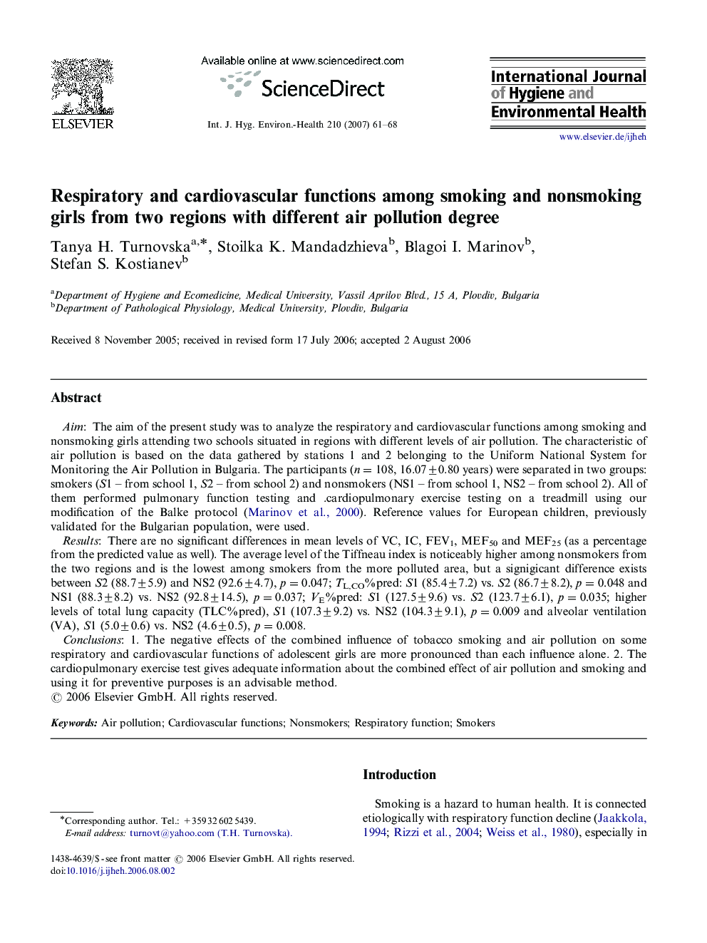 Respiratory and cardiovascular functions among smoking and nonsmoking girls from two regions with different air pollution degree