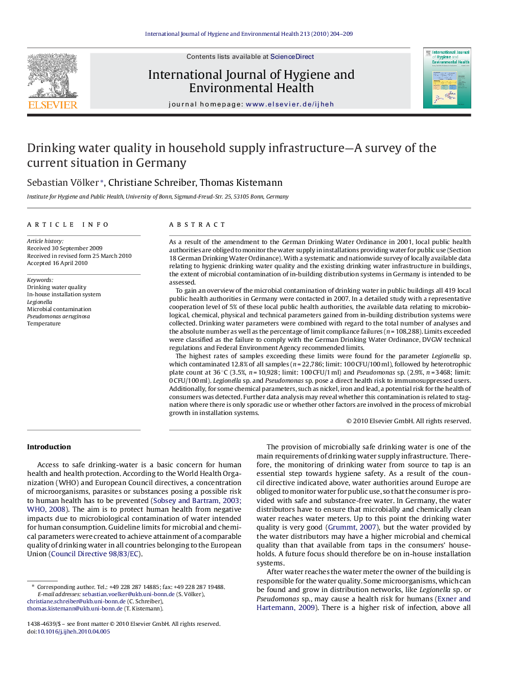 Drinking water quality in household supply infrastructure—A survey of the current situation in Germany