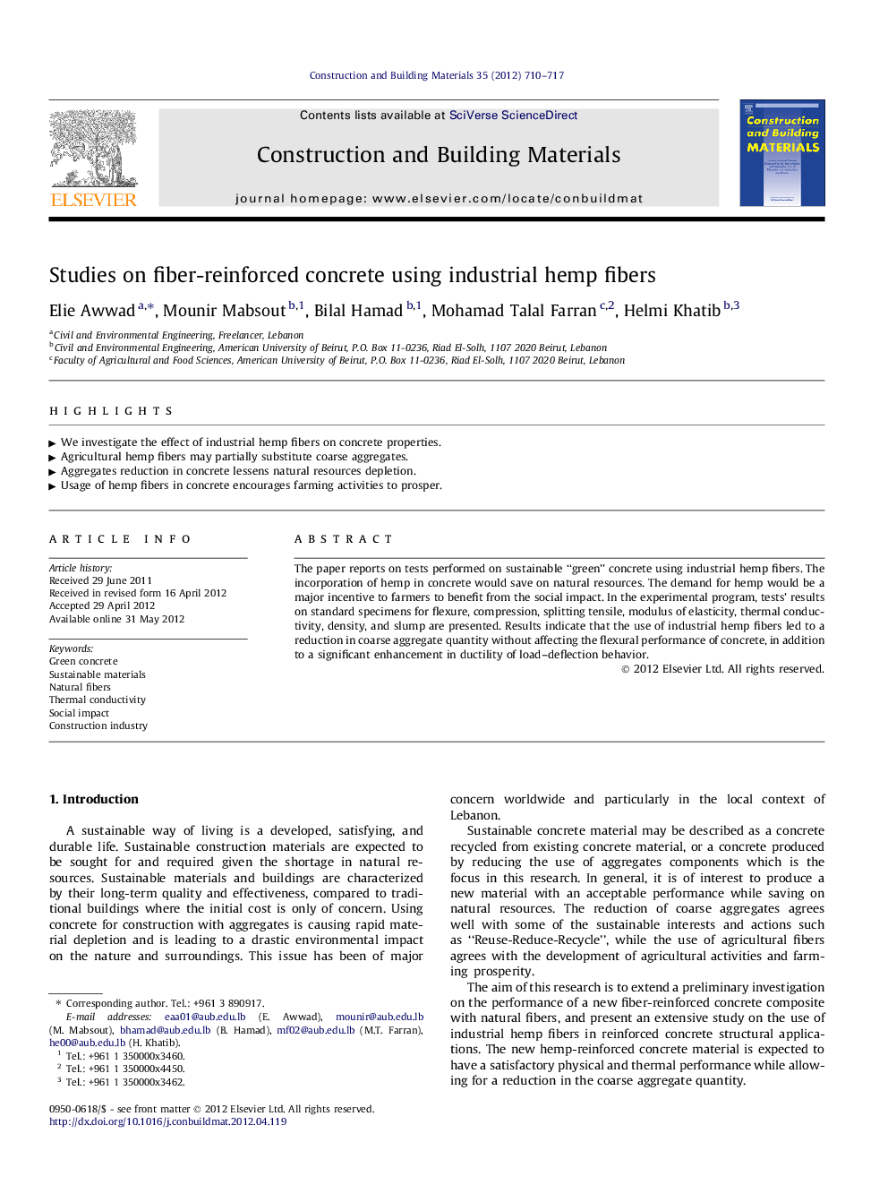 Studies on fiber-reinforced concrete using industrial hemp fibers