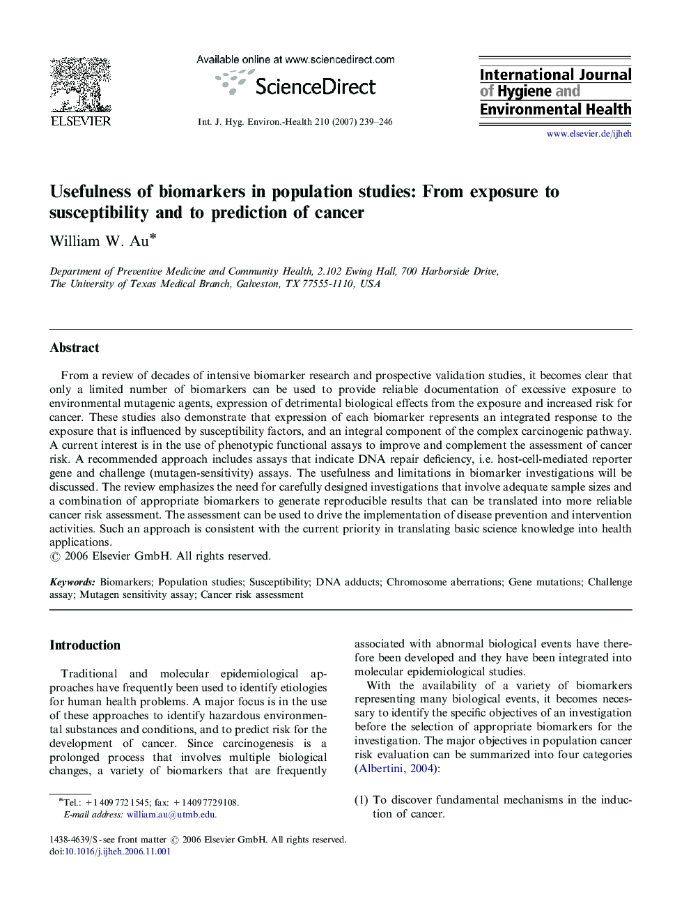 Usefulness of biomarkers in population studies: From exposure to susceptibility and to prediction of cancer