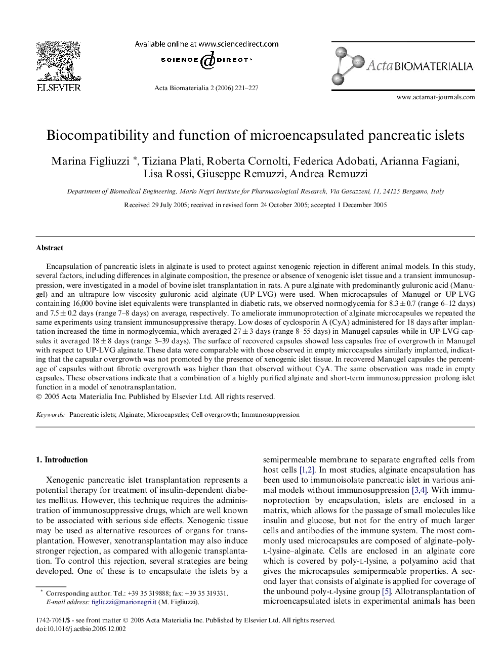 Biocompatibility and function of microencapsulated pancreatic islets