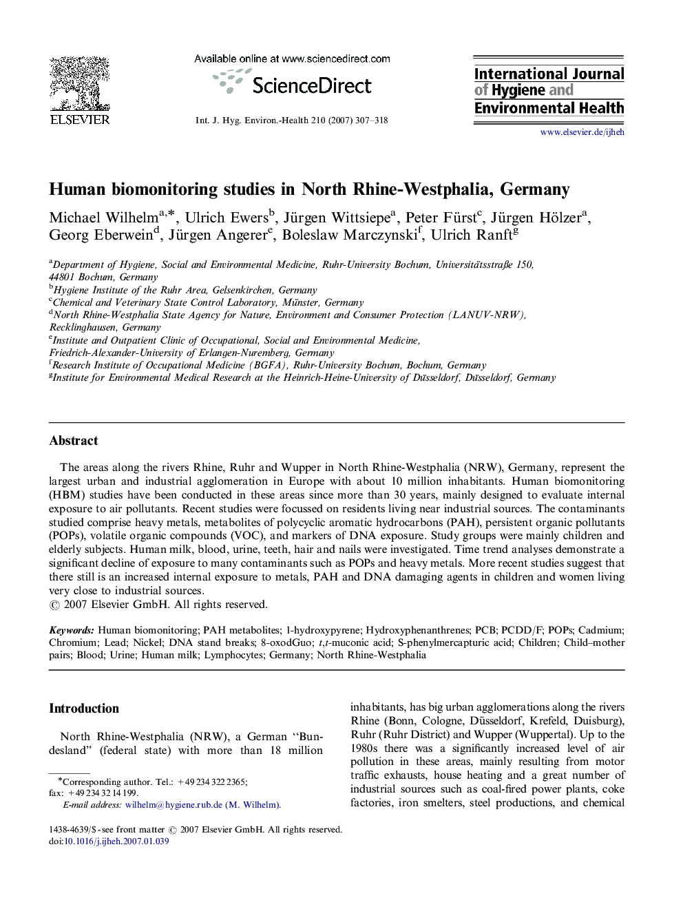 Human biomonitoring studies in North Rhine-Westphalia, Germany