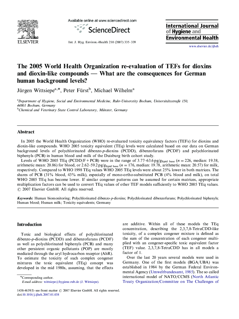 The 2005 World Health Organization re-evaluation of TEFs for dioxins and dioxin-like compounds — What are the consequences for German human background levels?