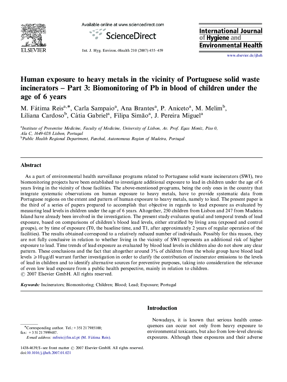 Human exposure to heavy metals in the vicinity of Portuguese solid waste incinerators – Part 3: Biomonitoring of Pb in blood of children under the age of 6 years