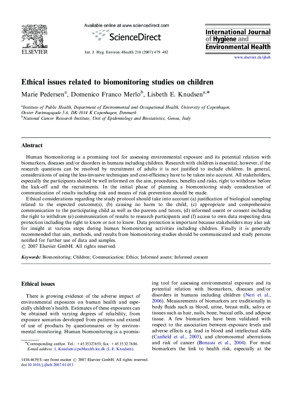 Ethical issues related to biomonitoring studies on children