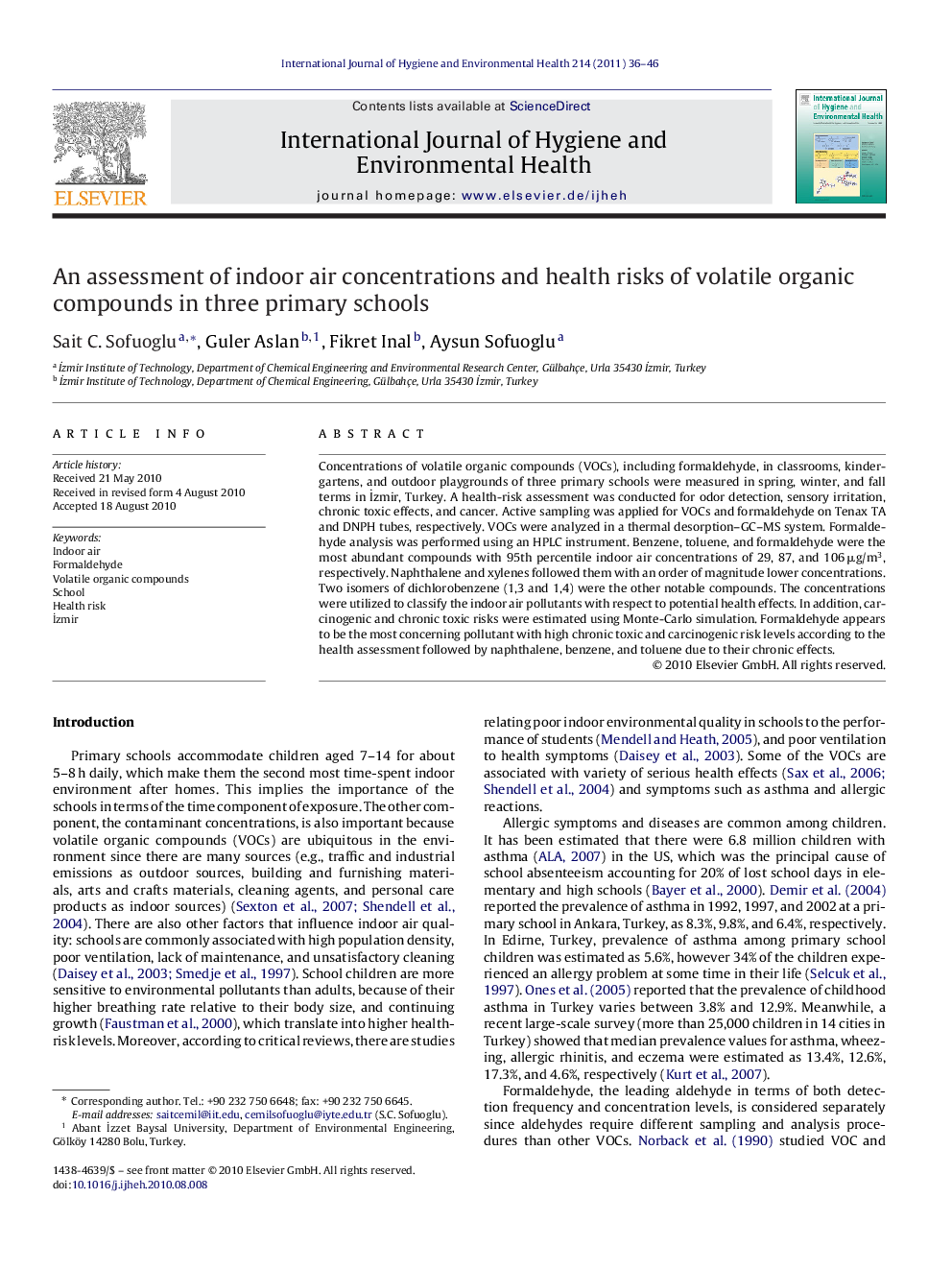 An assessment of indoor air concentrations and health risks of volatile organic compounds in three primary schools