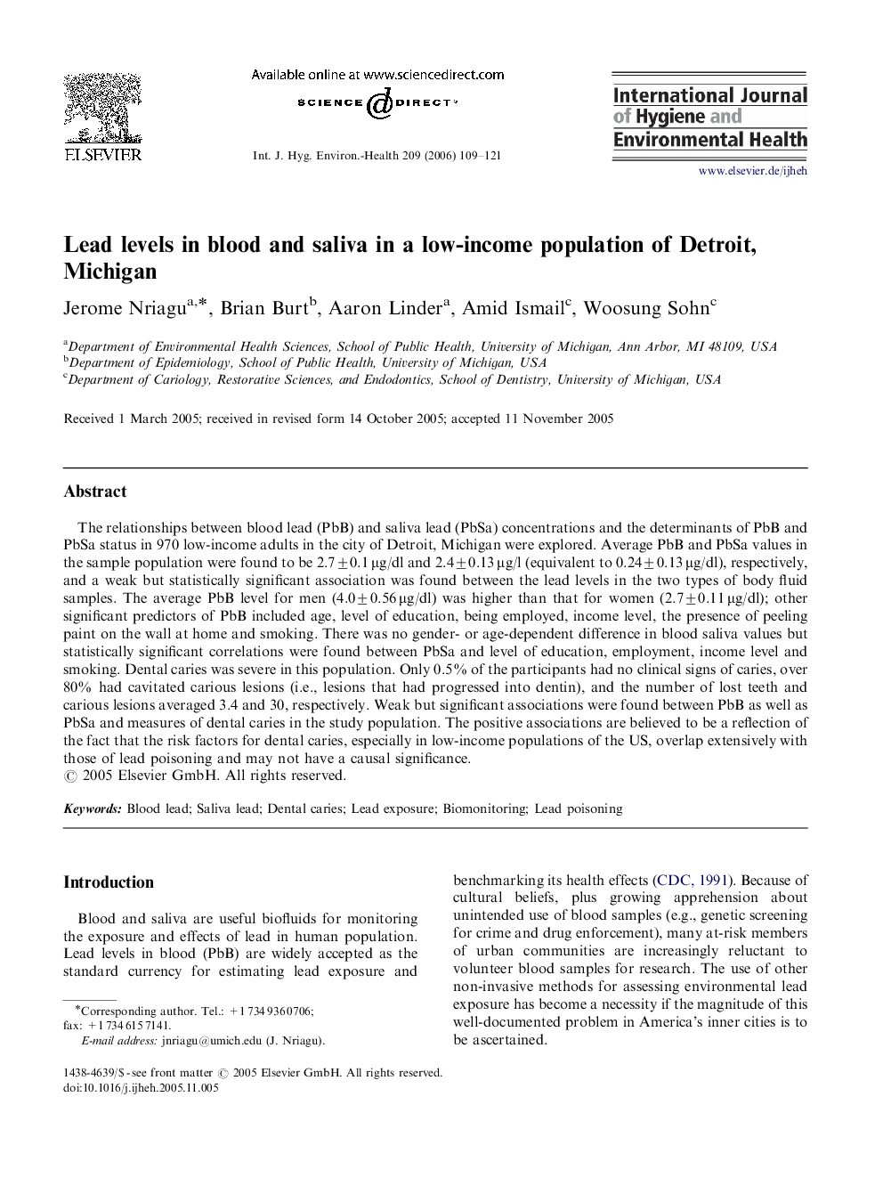 Lead levels in blood and saliva in a low-income population of Detroit, Michigan