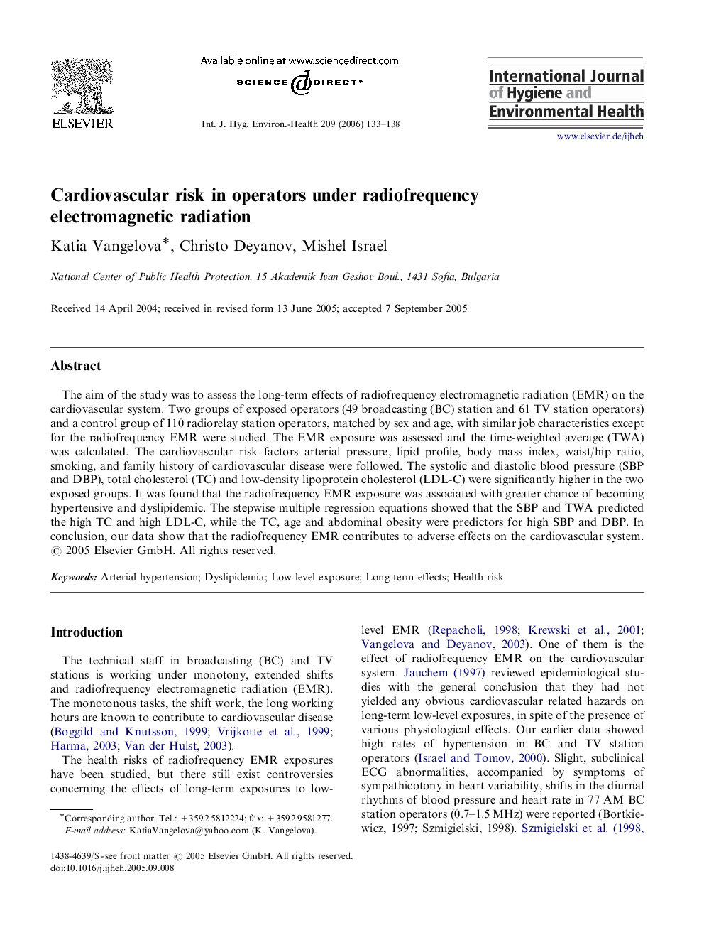 Cardiovascular risk in operators under radiofrequency electromagnetic radiation