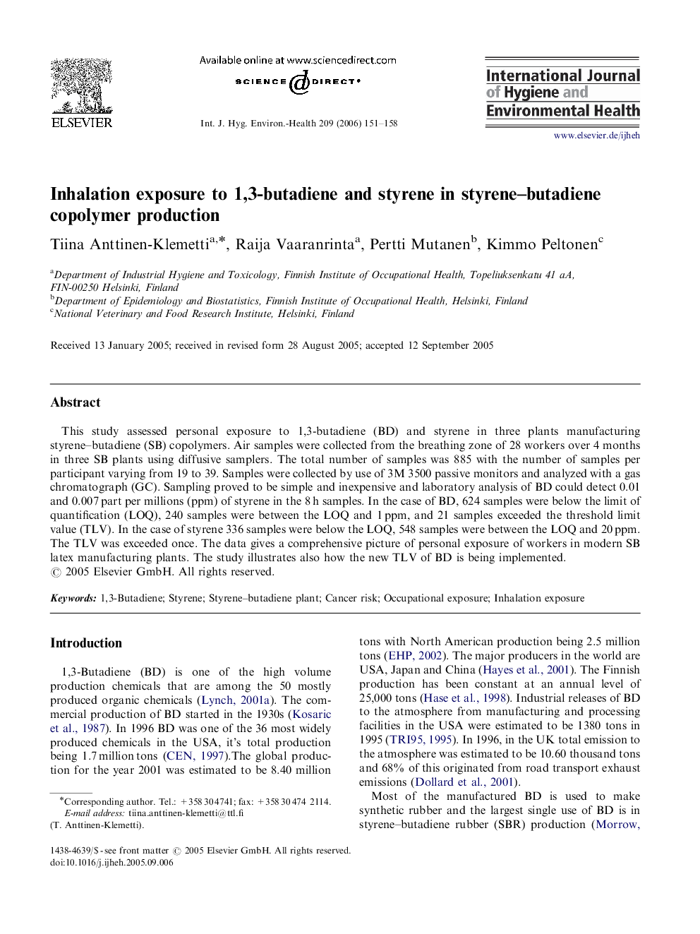 Inhalation exposure to 1,3-butadiene and styrene in styrene–butadiene copolymer production