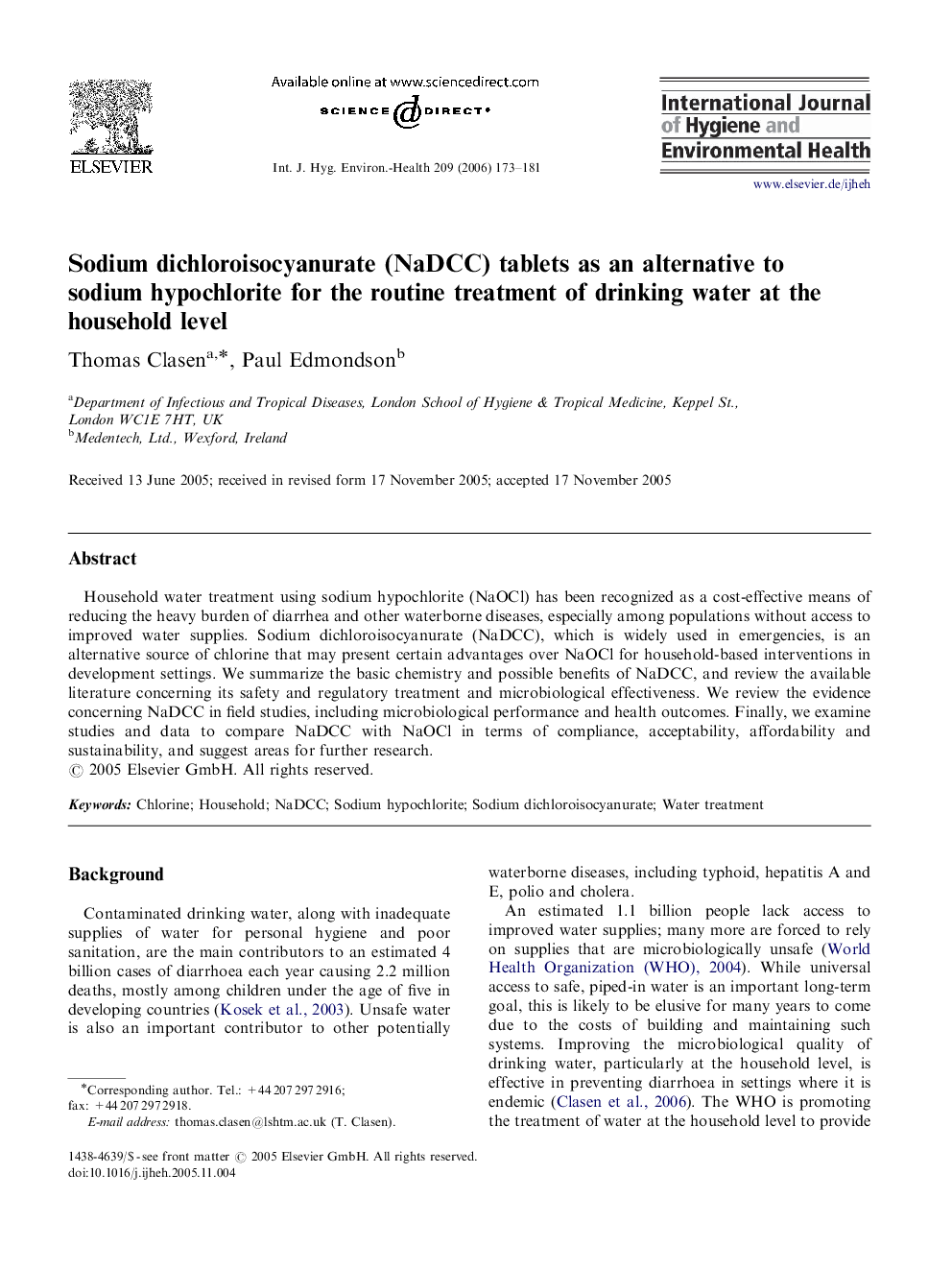 Sodium dichloroisocyanurate (NaDCC) tablets as an alternative to sodium hypochlorite for the routine treatment of drinking water at the household level