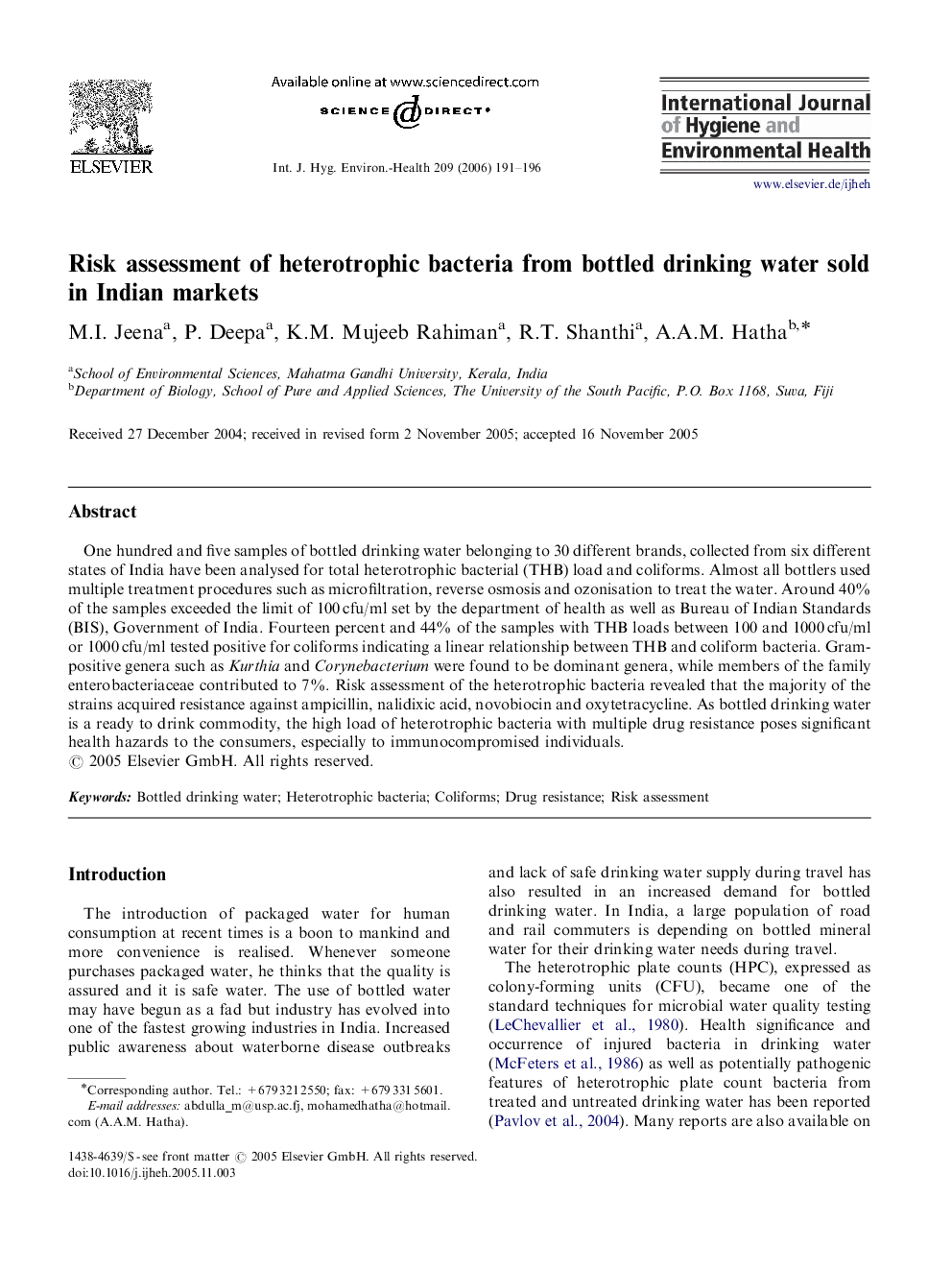 Risk assessment of heterotrophic bacteria from bottled drinking water sold in Indian markets