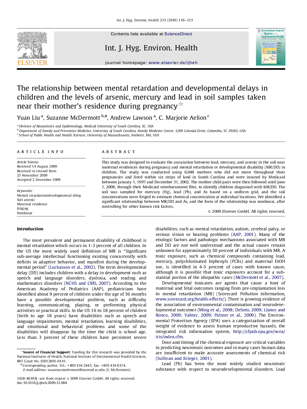 The relationship between mental retardation and developmental delays in children and the levels of arsenic, mercury and lead in soil samples taken near their mother’s residence during pregnancy 