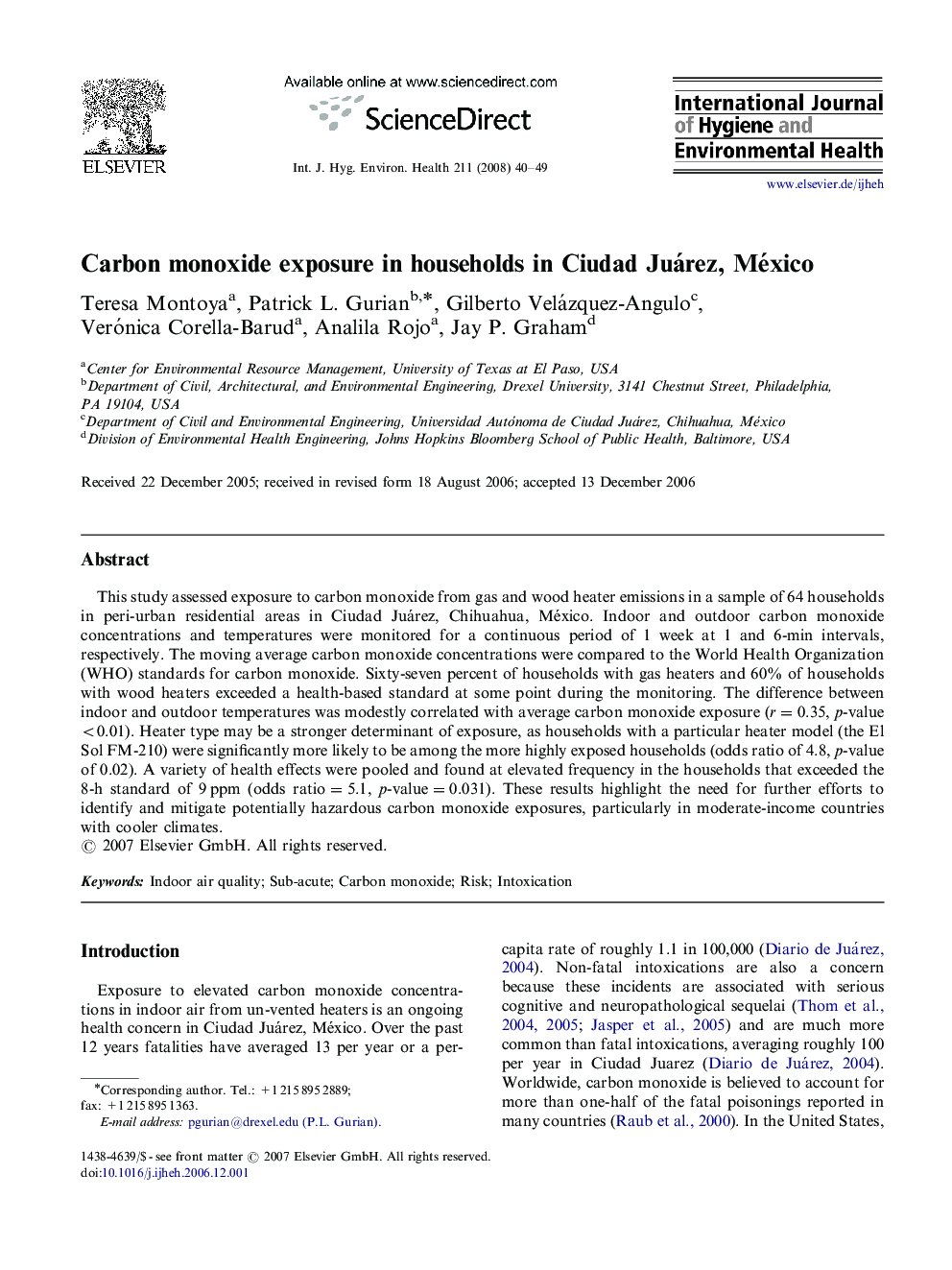 Carbon monoxide exposure in households in Ciudad Juárez, México