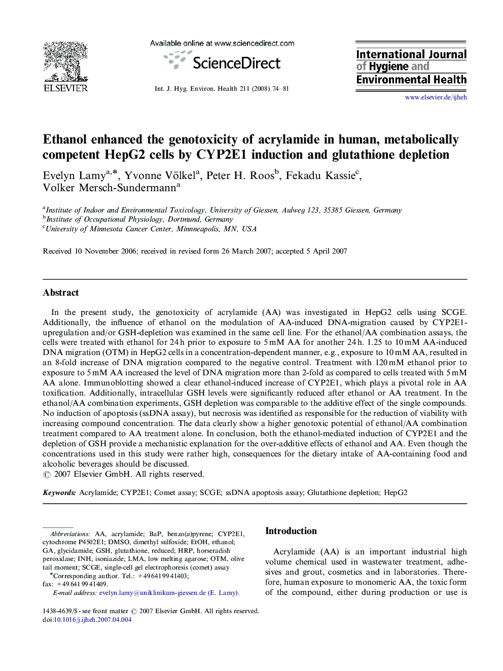 Ethanol enhanced the genotoxicity of acrylamide in human, metabolically competent HepG2 cells by CYP2E1 induction and glutathione depletion