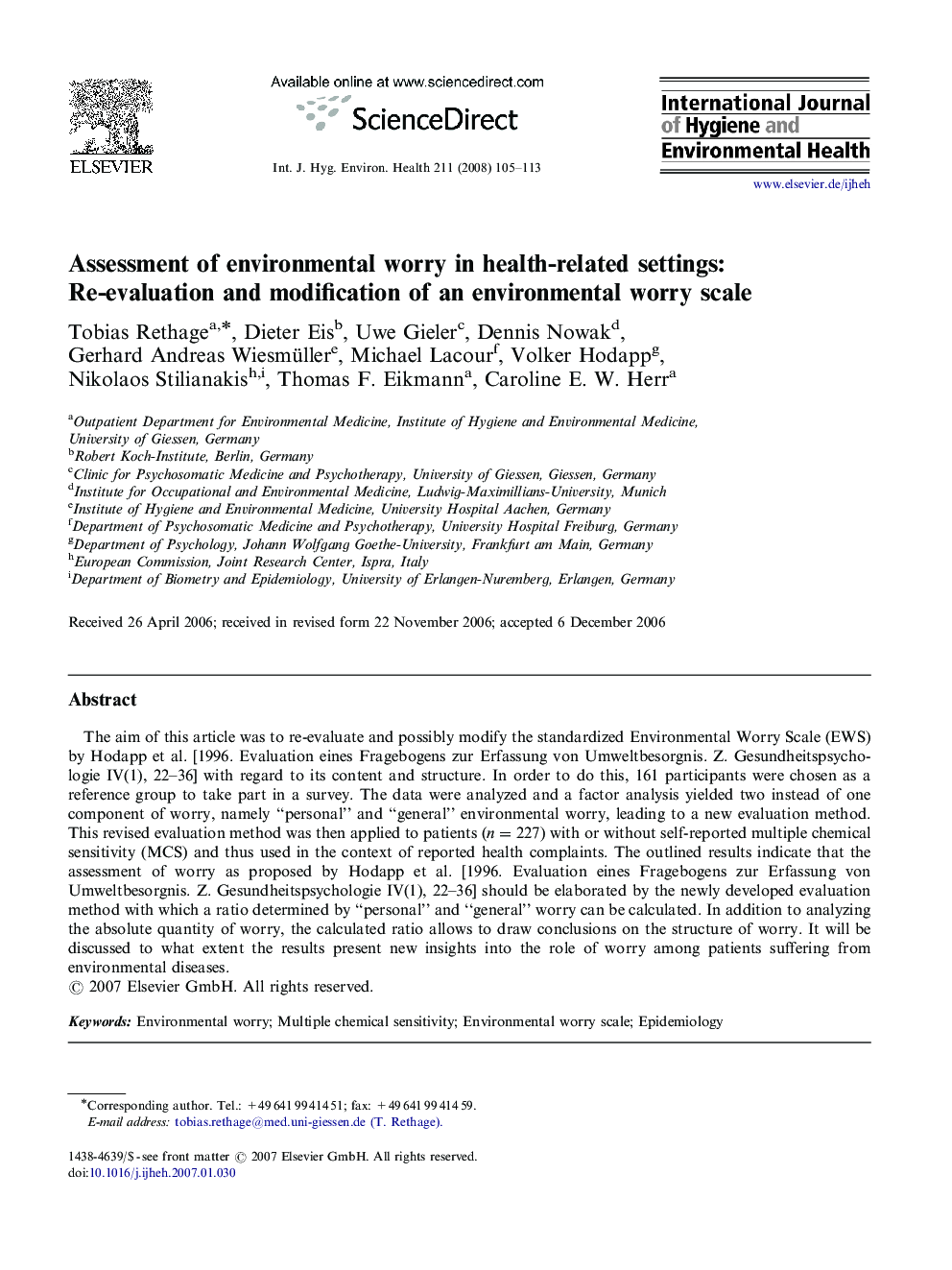 Assessment of environmental worry in health-related settings: Re-evaluation and modification of an environmental worry scale