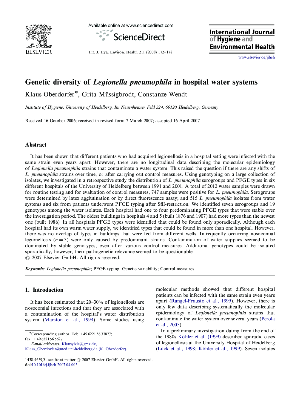 Genetic diversity of Legionella pneumophila in hospital water systems